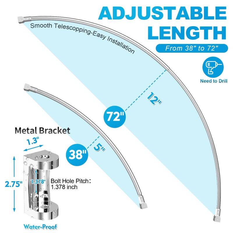 PrettyHome Curved Shower Curtain Rod For Bathroom 38-72 Inches, Adjustable Length, Curved Shower Rod, Metal Rods&Brackets, Round Shower Curtain Rods, Rotate Bracket For Large Shower Space, Need Drilling, Chrome - Image 3